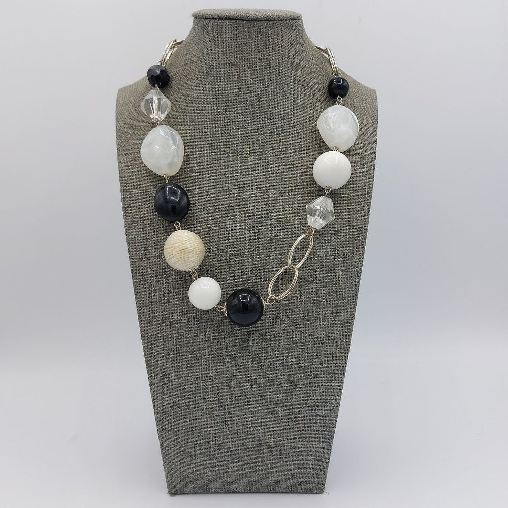 Black White Beaded Necklace Asymmetrical Silver Toned Chain Resin Beads 21" Long